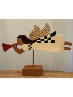 NANCY THOMAS 1995 Folk Art Carved Wood Painted Flying Angel on Block Stand 11" H